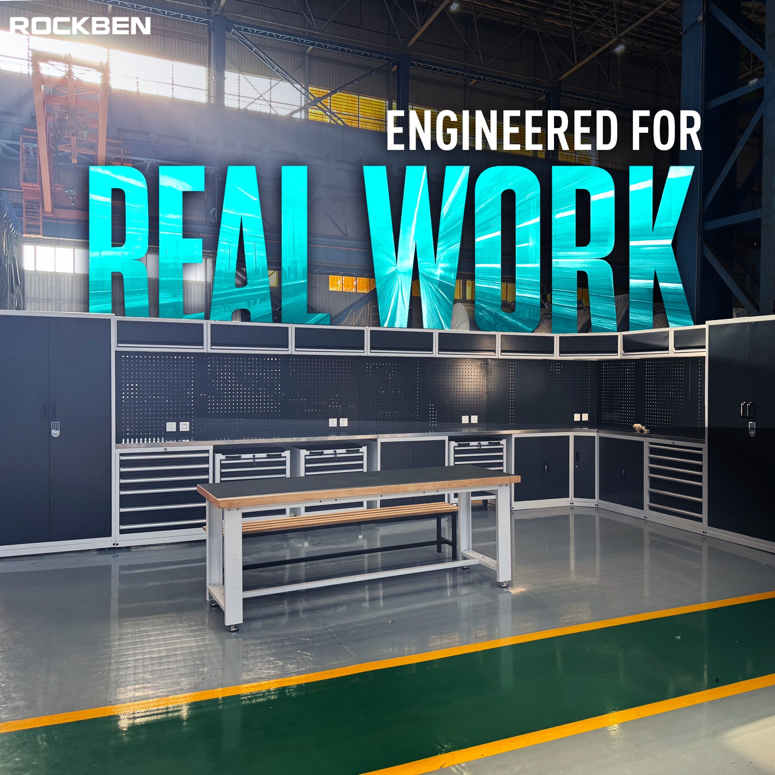 ROCKBEN 2025 Heavy-Duty Metal Garage Workbench Storage Cabinet Best High-Strength Steel Iron Workshop Tool Cabinets