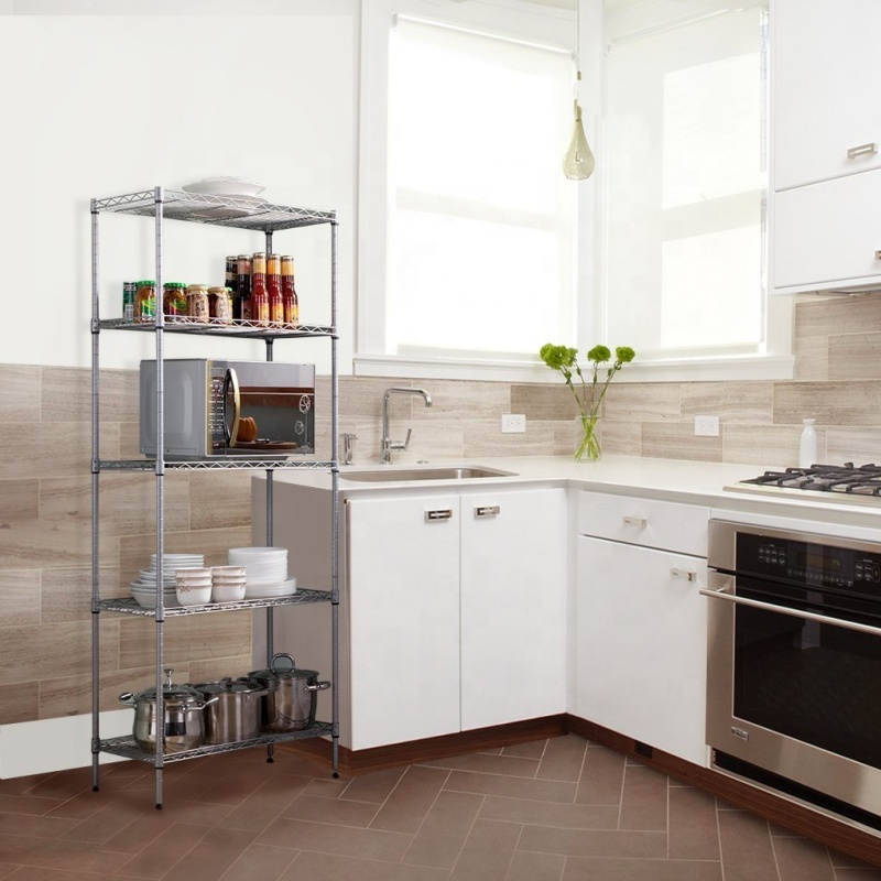 Good Quality Powder Coated 5 Tiers Wire Storage Shelf Adjustable Multi-Purpose Metal Wire Shelving Unit for Household
