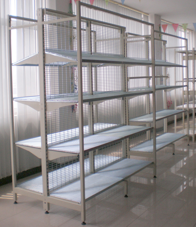 AU41 Outrigger Shelving with Chrome Wire Shelves in Supermarket 4 Post Gondola Shelving