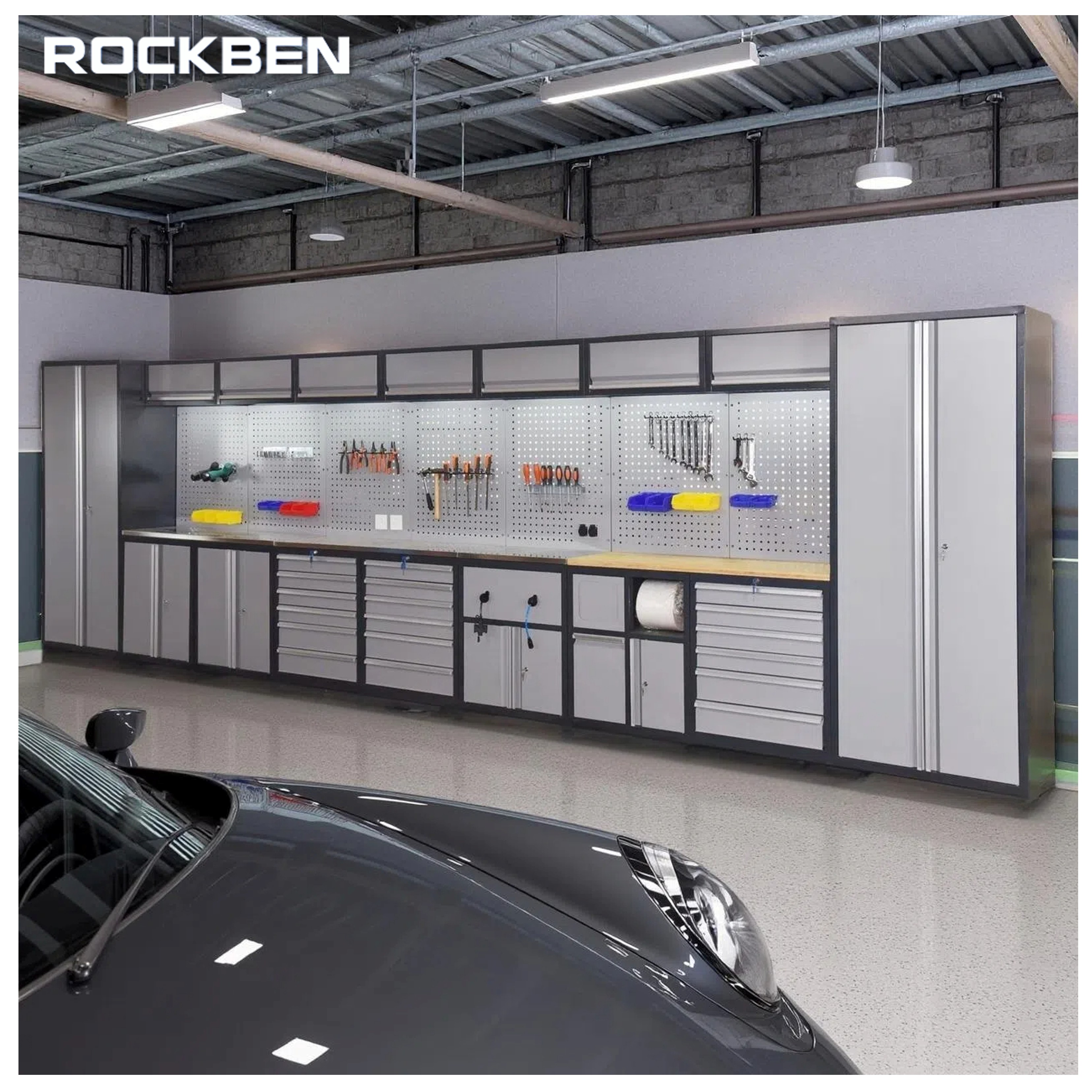 ROCKBEN 2025 Heavy-Duty Metal Garage Workbench Storage Cabinet Best High-Strength Steel Iron Workshop Tool Cabinets