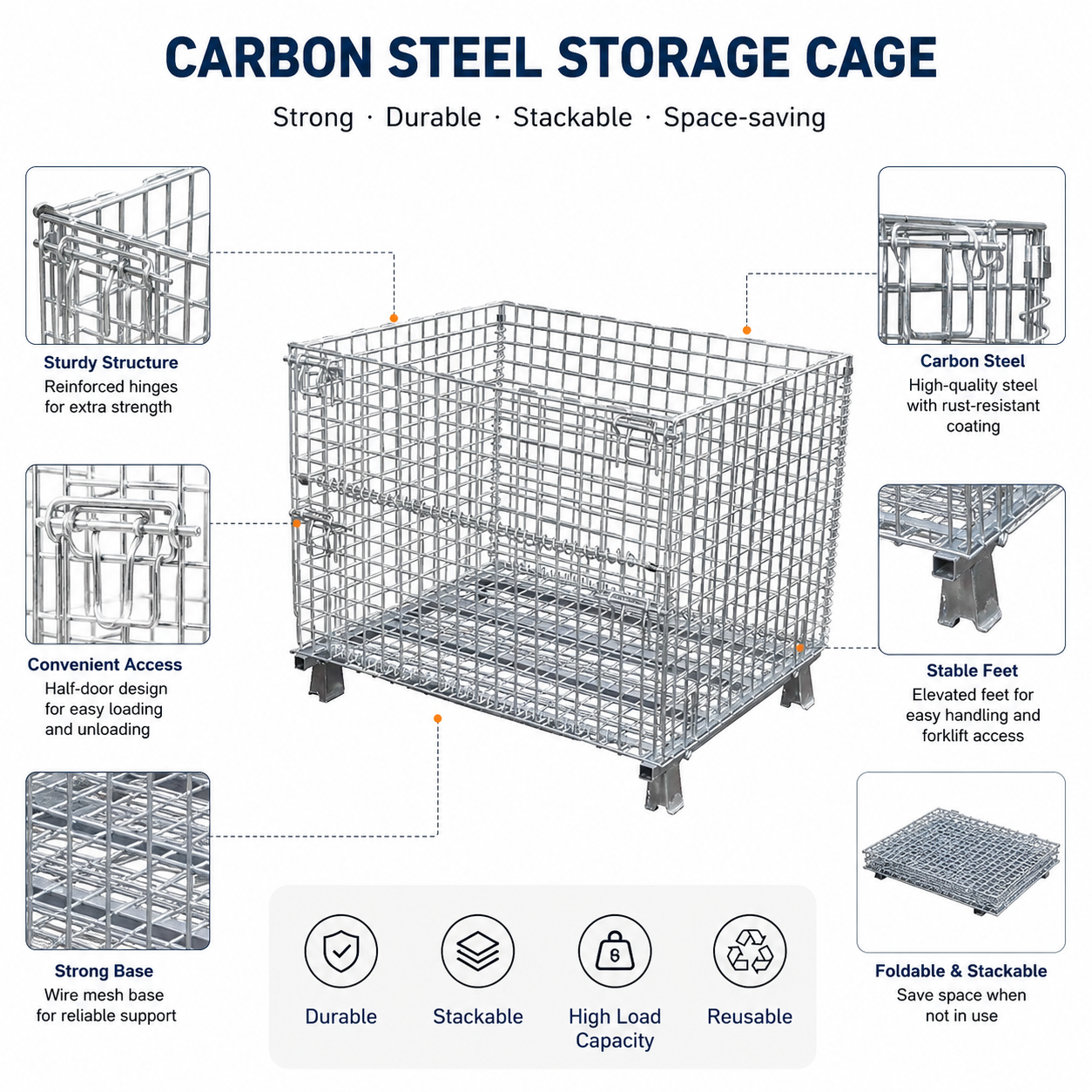 Foldable Rigid Galvanized Stackable Warehouse Collapsible Wire Mesh Storage Containers Folding Container 500 2000kg Load