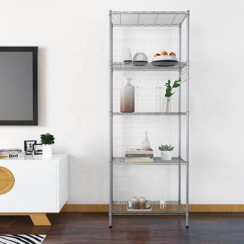 Good Quality Powder Coated 5 Tiers Wire Storage Shelf Adjustable Multi-Purpose Metal Wire Shelving Unit for Household