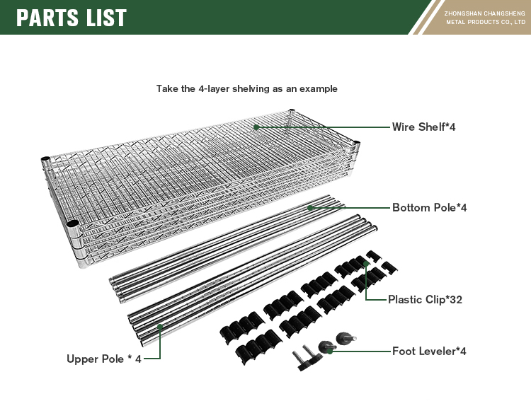 Adjustable NSF Approval Chrome Metal Metro Wire Shelving Units Parts List