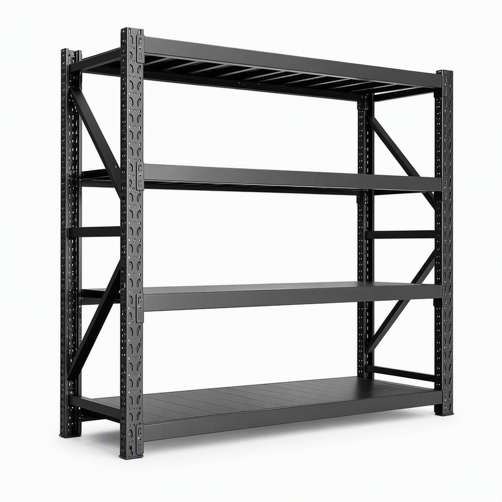 Heavy-Duty Boltless Steel Shelving Unit, 4-Tier Adjustable Warehouse Rack with Teardrop Slots Garage Industrial Storage Shelf