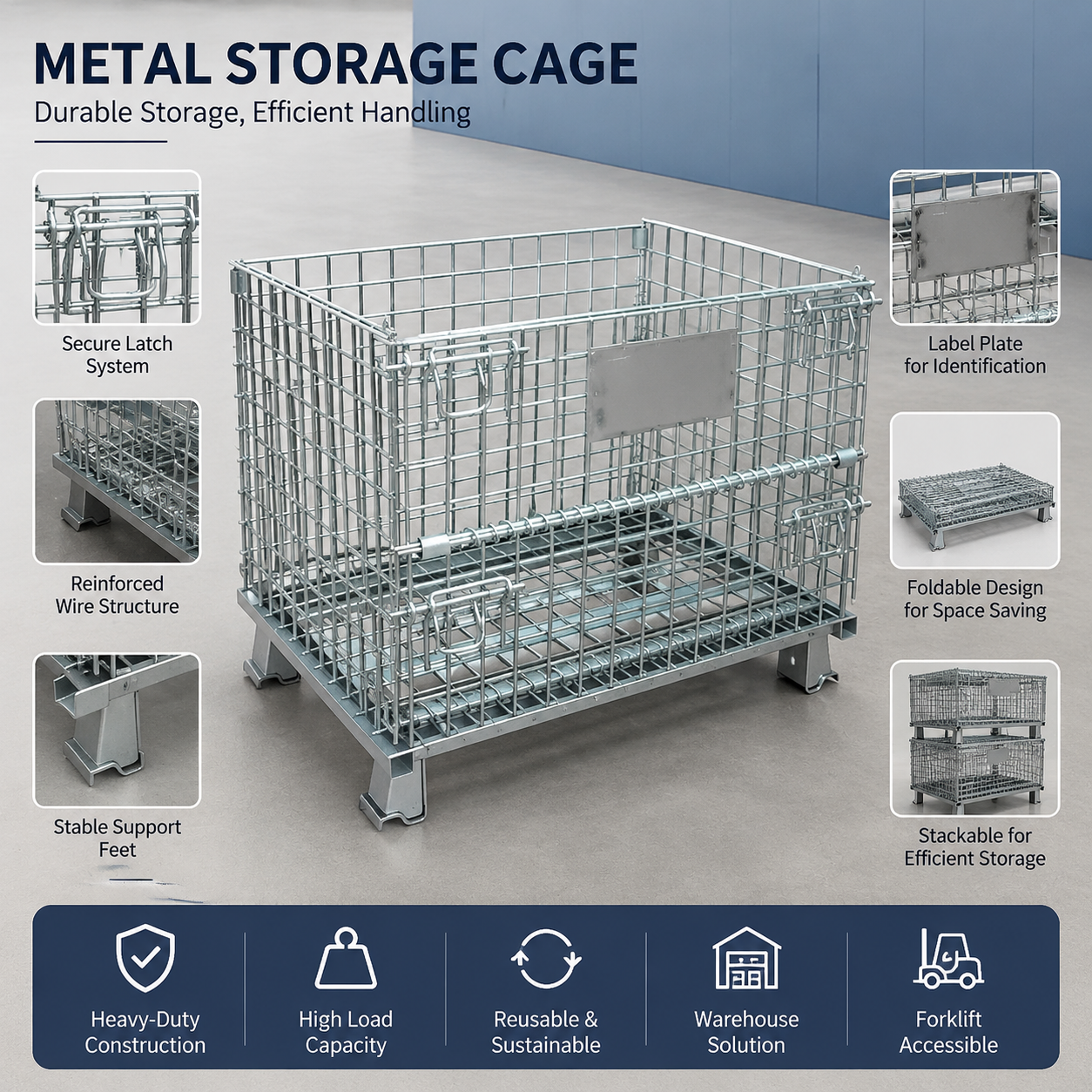 Customized Stackable Folding Wire Mesh Container Storage Bin Wire Cage For Warehouse Management