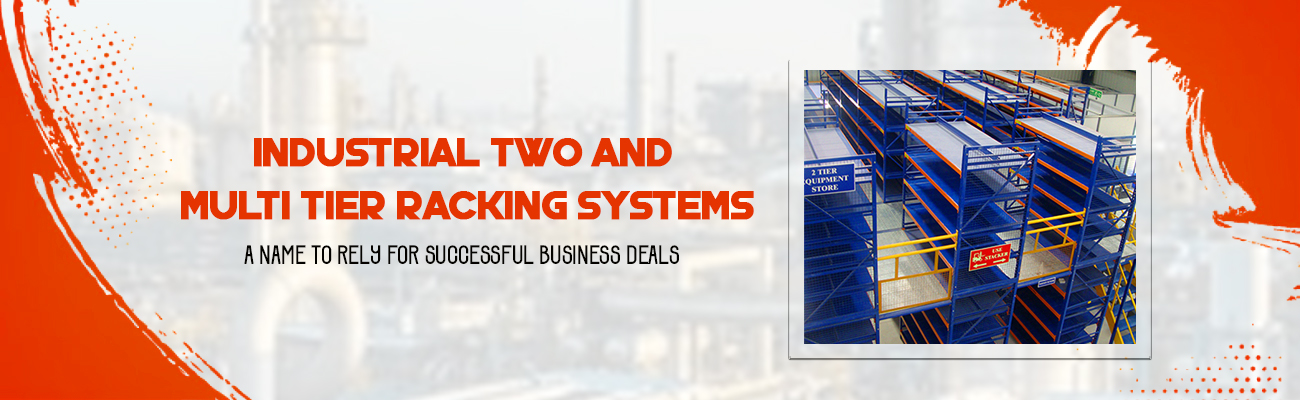 Custom modular multi-tier slotted angle racking integrated with catwalk mezzanine