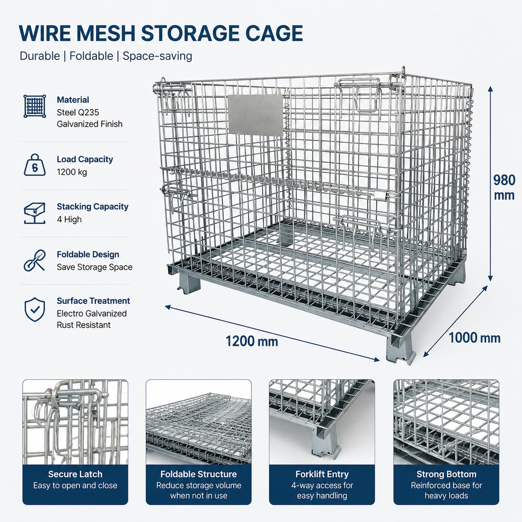 Galvanized Wire Mesh Container Foldable Metal Rolling Storage Cage For Warehouse