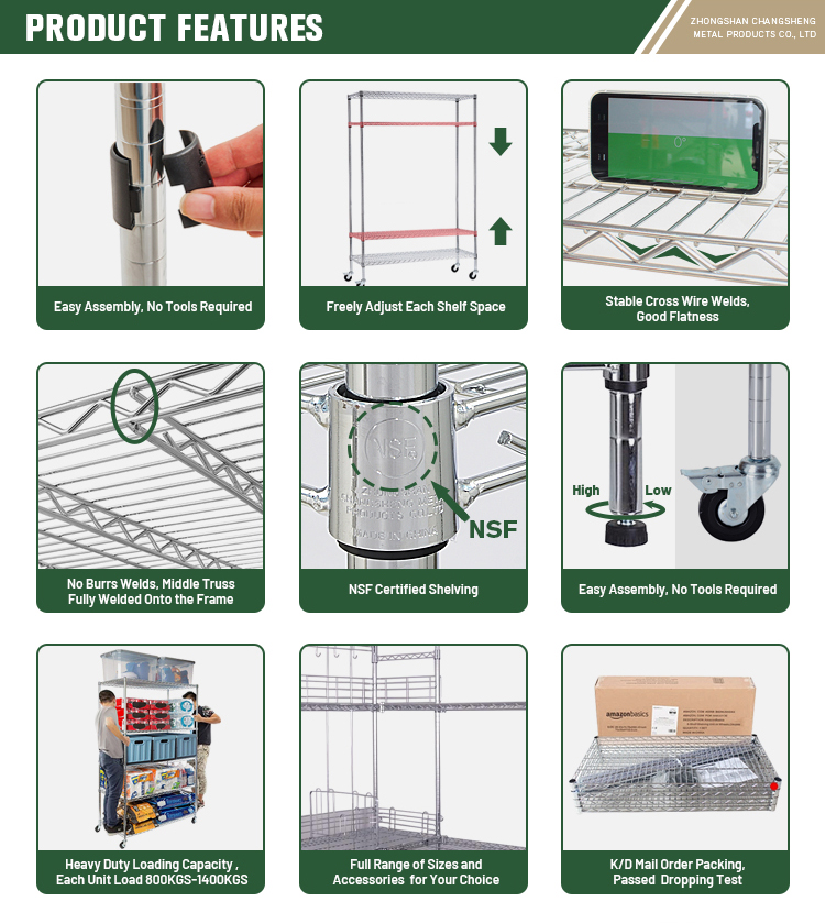 Adjustable NSF Approval Chrome Metal Metro Wire Shelving Units Components