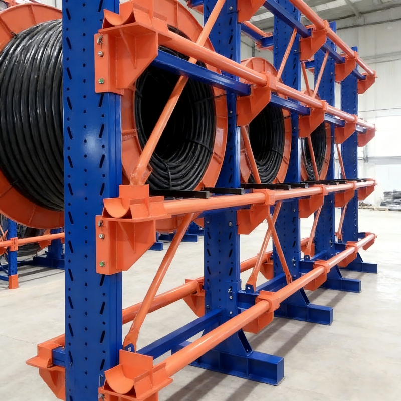 Adjustable Cantilevered Steel Cable Reel Storage Rack System Powder Coated Corrosion Protection Boltless Installation Electrical
