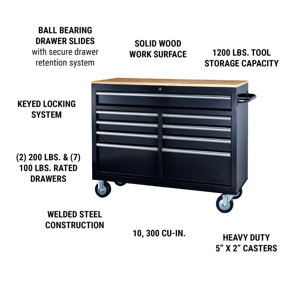 Heavy Duty 46 In. 9-Drawer Trolley Cabinets ,garage Workbench with Solid Wood Top,rolling Tool Box