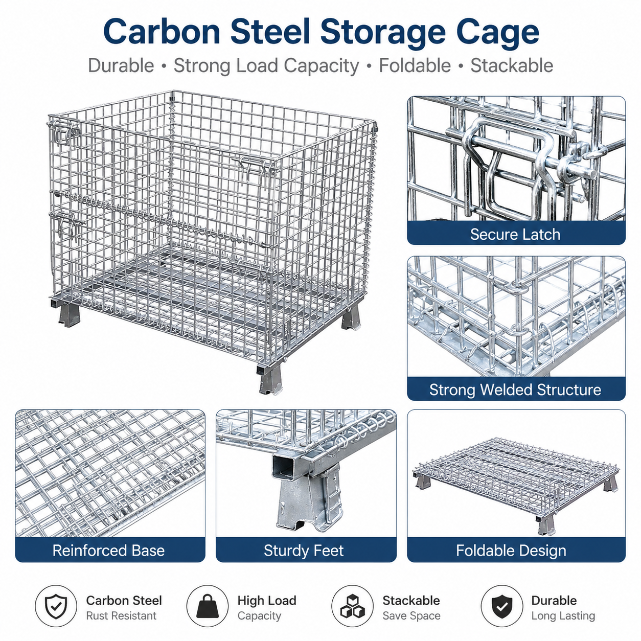 Foldable Rigid Galvanized Stackable Warehouse Collapsible Wire Mesh Storage Containers Folding Container 500 2000kg Load
