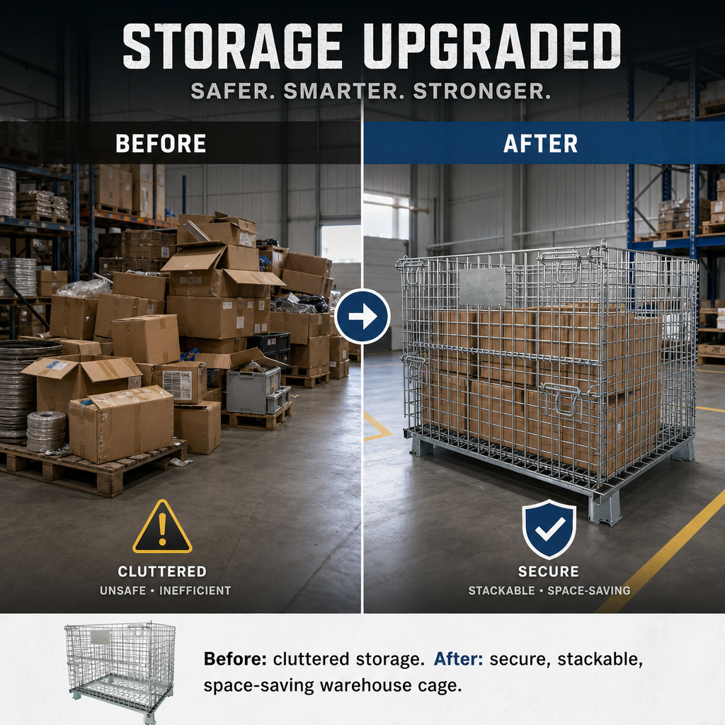 Galvanized Wire Mesh Container Foldable Metal Rolling Storage Cage For Warehouse