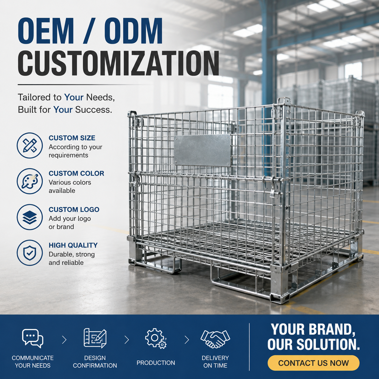 Galvanized Wire Mesh Container Foldable Metal Rolling Storage Cage For Warehouse