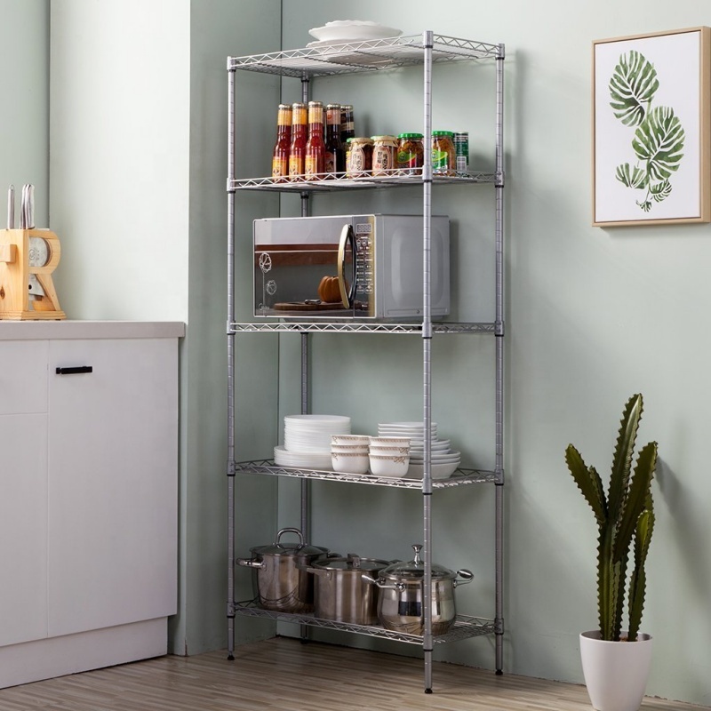 Good Quality Powder Coated 5 Tiers Wire Storage Shelf Adjustable Multi-Purpose Metal Wire Shelving Unit for Household