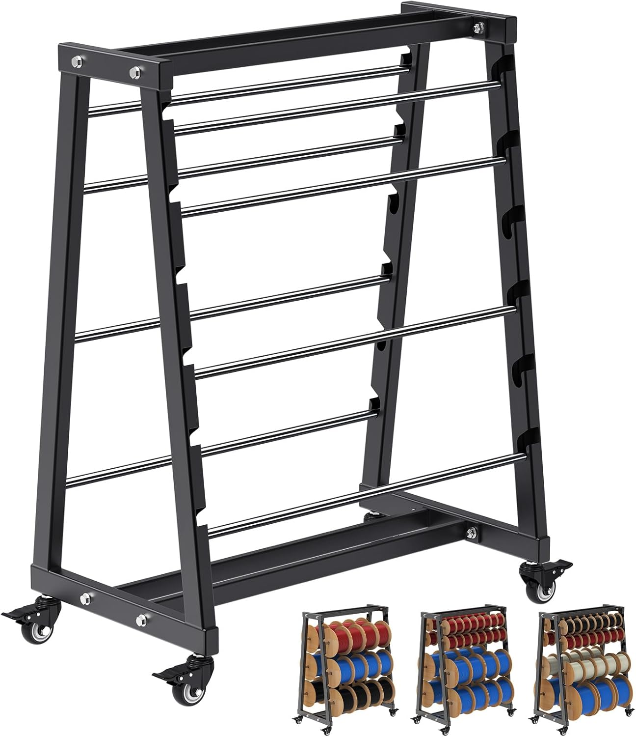 JH-Mech Heavy-Duty 8-Rod Wire Spool Rack Adjustable Spool Rods 400Lb Capacity Cable Reel Dispenser With Locking Wheels